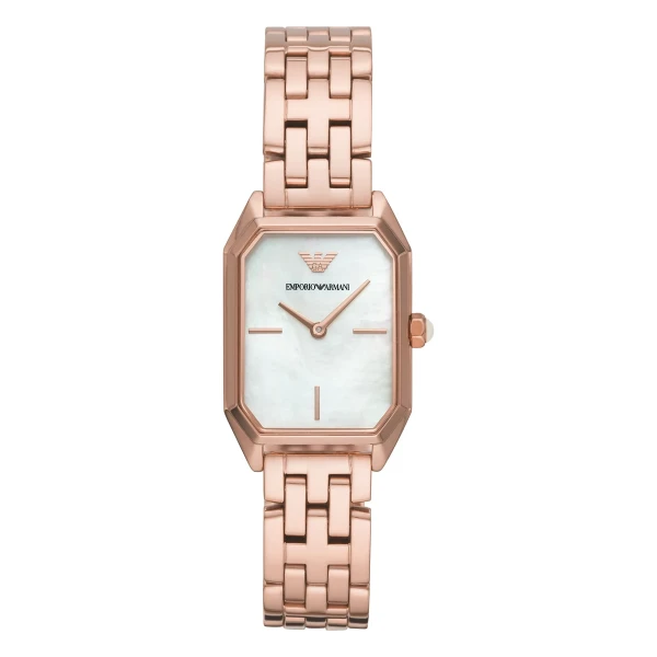 Armani Quartz Rektangulär Roséguldfärgad Stållänk Vit Pärlemor