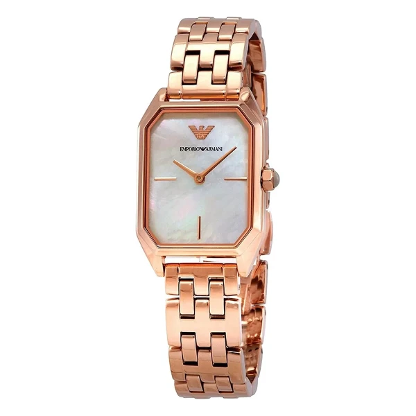 Armani Quartz Rektangulär Roséguldfärgad Stållänk Vit Pärlemor