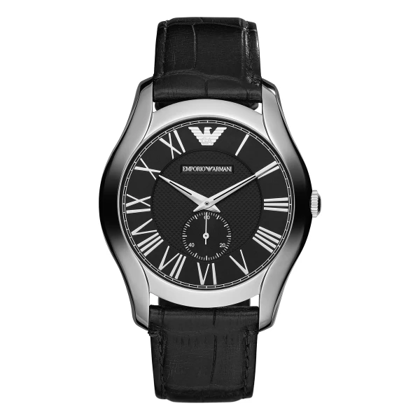 Armani Quartz Romerska Siffror Liten Sekundvisare Läderarmband Svart