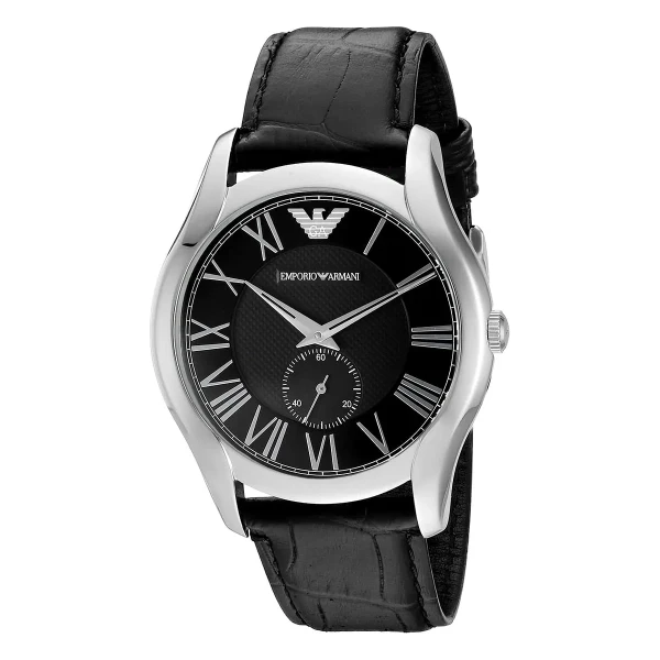 Armani Quartz Romerska Siffror Liten Sekundvisare Läderarmband Svart