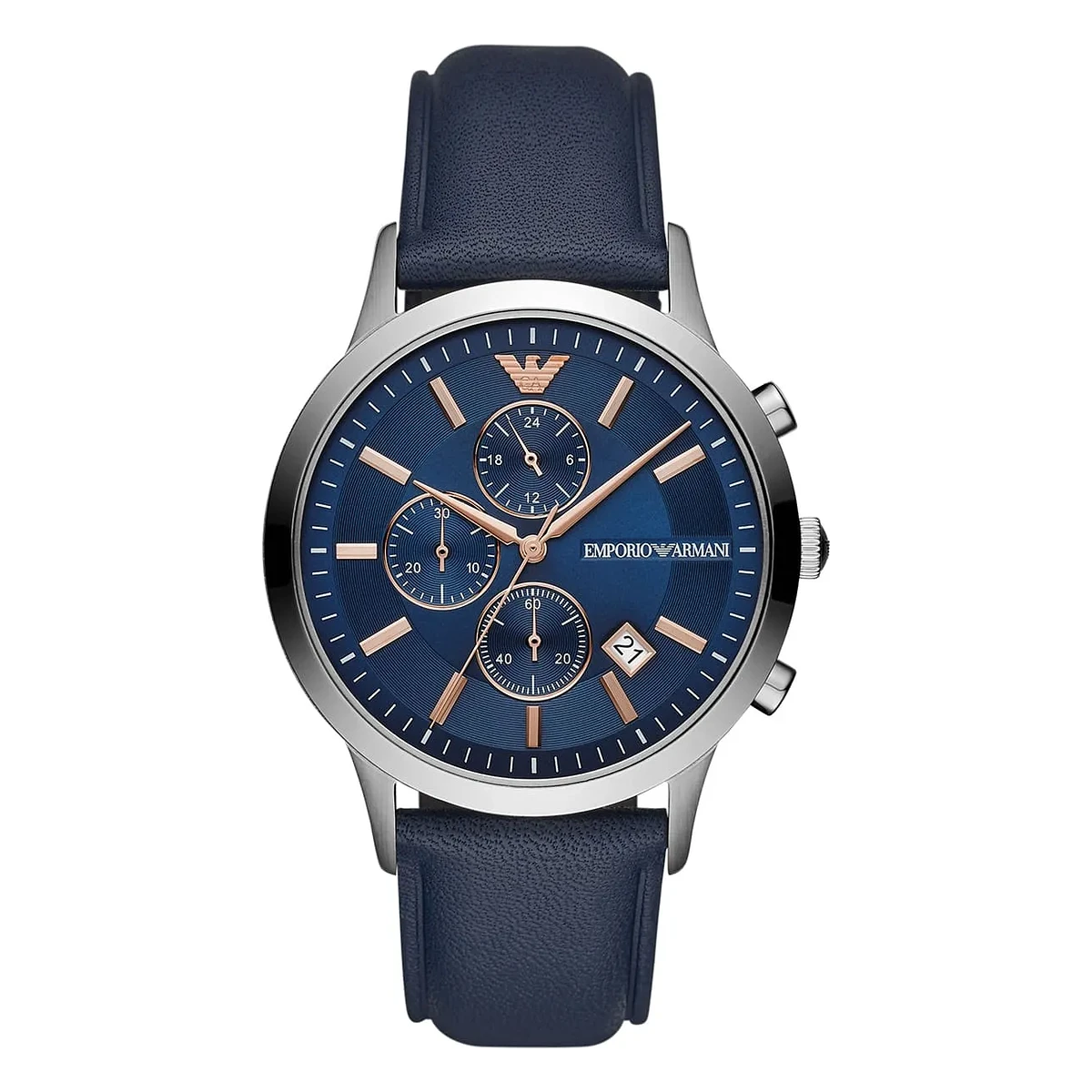 Armani Renato Quartz Kronograf Roséguldsdetaljer Läderarmband Blå Armani Renato Quartz Kronograf Roséguldsdetaljer Läderarmband Blå