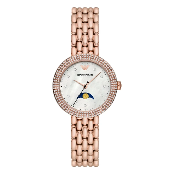 Armani Rosa Quartz Månfas Roséguldfärgad Stållänk Vit Pärlemor