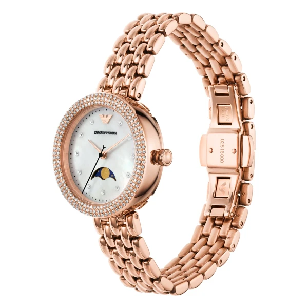 Armani Rosa Quartz Månfas Roséguldfärgad Stållänk Vit Pärlemor