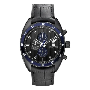 Armani Sportivo Quartz Kronograf Blå Ring Läderarmband Svart