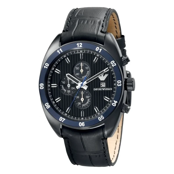 Armani Sportivo Quartz Kronograf Blå Ring Läderarmband Svart