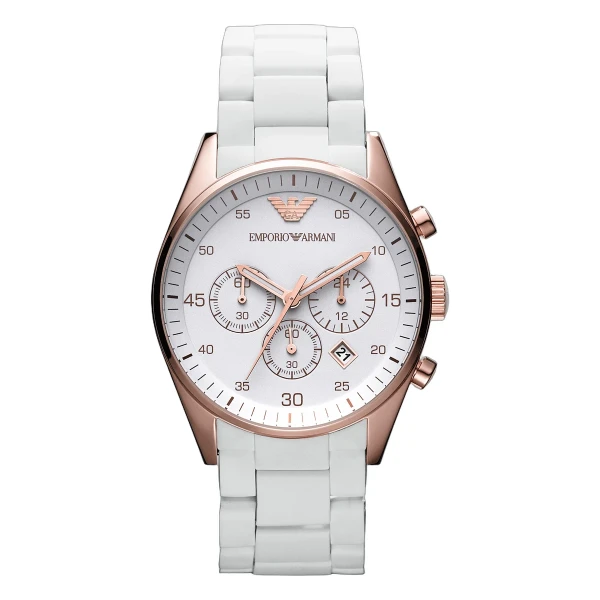 Armani Sportivo Quartz Kronograf Roséguldfärgad Boett Vitt Silikonarmband Vit