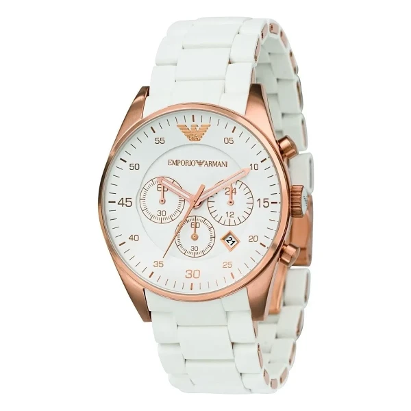 Armani Sportivo Quartz Kronograf Roséguldfärgad Boett Vitt Silikonarmband Vit