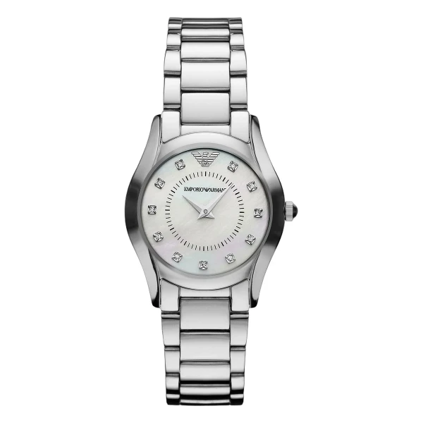 Armani Super Slim Quartz Diamanter Stållänk Vit Pärlemor