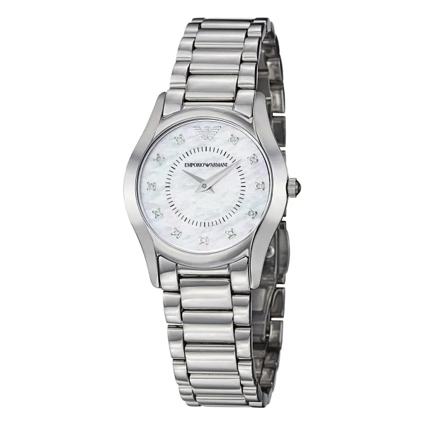 Armani Super Slim Quartz Diamanter Stållänk Vit Pärlemor