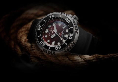 Citizen Promaster Professional Diver 300 m med röd tavla vilande på ett rep.