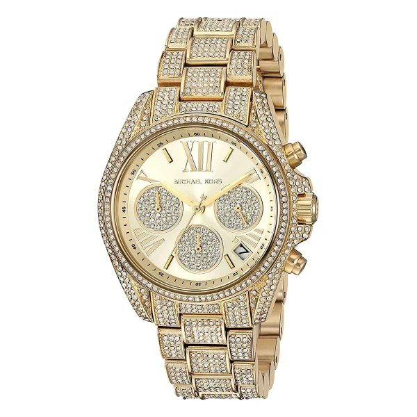 Michael Kors Mini Bradshaw Quartz Kronograf Kristaller Guldfärgad Stållänk Guld