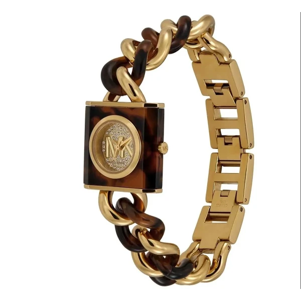Michael Kors MK Chain Lock Quartz Kristaller Guldfärgad Länk med Acetat Guld