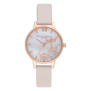 Olivia Burton Dancing Dragonfly Quartz Roséguldfärgad Läderarmband Vit Pärlemor