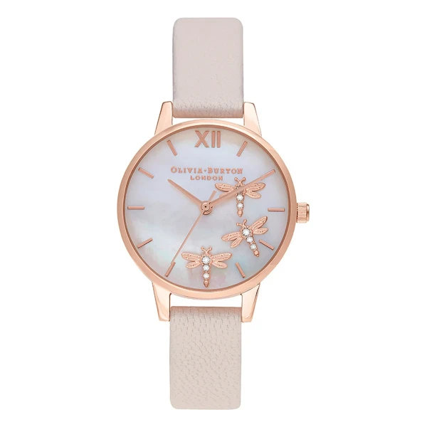 Olivia Burton Dancing Dragonfly Quartz Roséguldfärgad Läderarmband Vit Pärlemor
