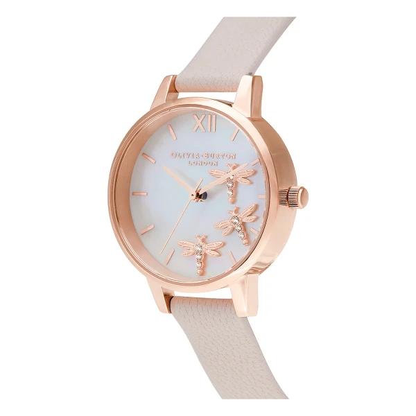 Olivia Burton Dancing Dragonfly Quartz Roséguldfärgad Läderarmband Vit Pärlemor