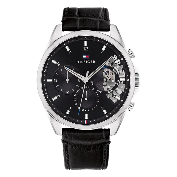 Tommy Hilfiger Baker Quartz Multifunktion Open Heart Läderband Svart