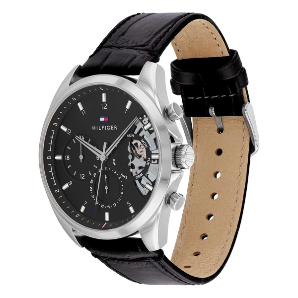 Tommy Hilfiger Baker Quartz Multifunktion Open Heart Läderband Svart