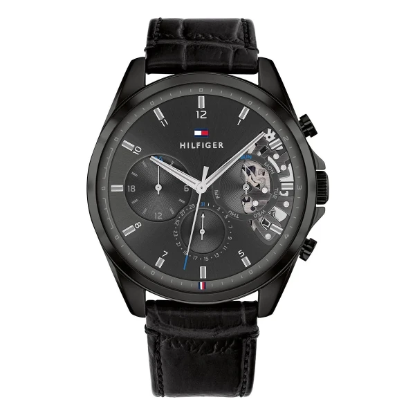 Tommy Hilfiger Baker Quartz Multifunktion Open Heart Svarttonad Läderband Grå