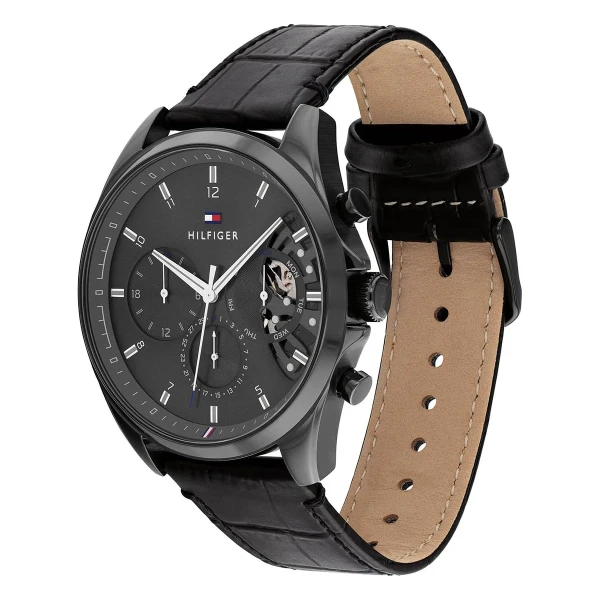 Tommy Hilfiger Baker Quartz Multifunktion Open Heart Svarttonad Läderband Grå