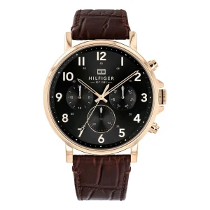 Tommy Hilfiger Daniel Quartz Multifunktion Roséguldfärgad Läderband Svart