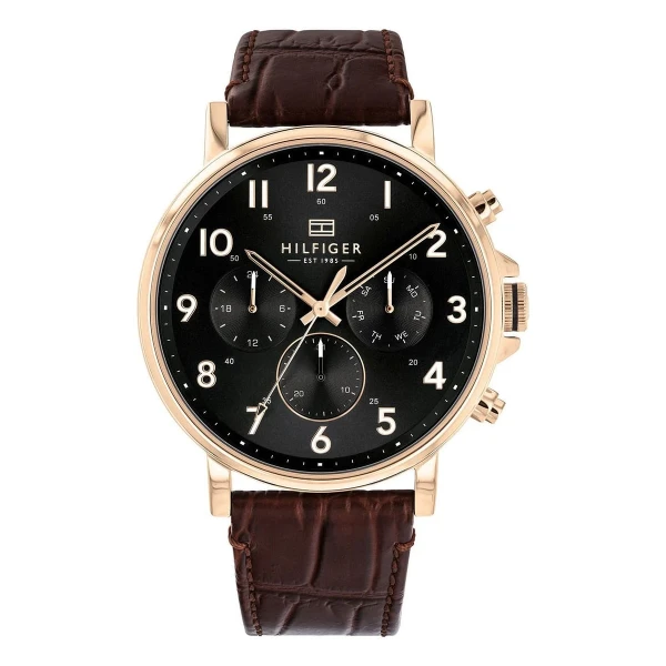 Tommy Hilfiger Daniel Quartz Multifunktion Roséguldfärgad Läderband Svart