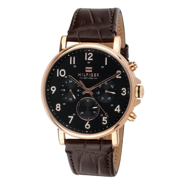 Tommy Hilfiger Daniel Quartz Multifunktion Roséguldfärgad Läderband Svart