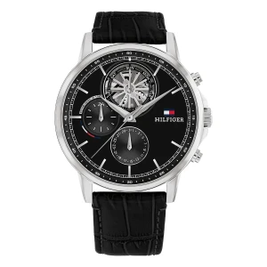 Tommy Hilfiger Stewart Quartz Multifunktion Open Heart Läderband Svart