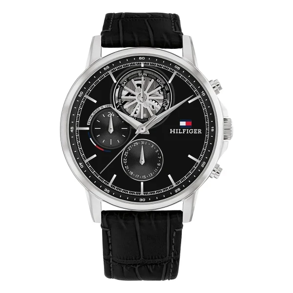 Tommy Hilfiger Stewart Quartz Multifunktion Open Heart Läderband Svart