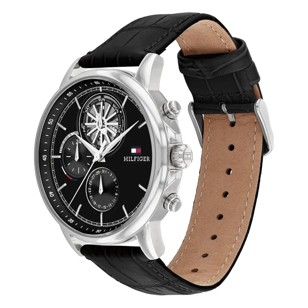 Tommy Hilfiger Stewart Quartz Multifunktion Open Heart Läderband Svart
