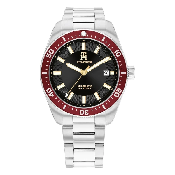 Tommy Hilfiger TH85 Automatic Vinröd Lünett Stållänk Svart