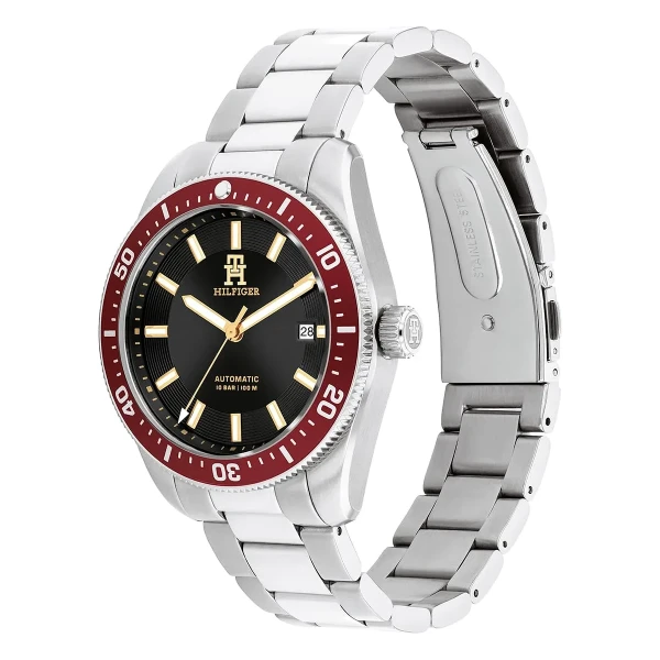Tommy Hilfiger TH85 Automatic Vinröd Lünett Stållänk Svart