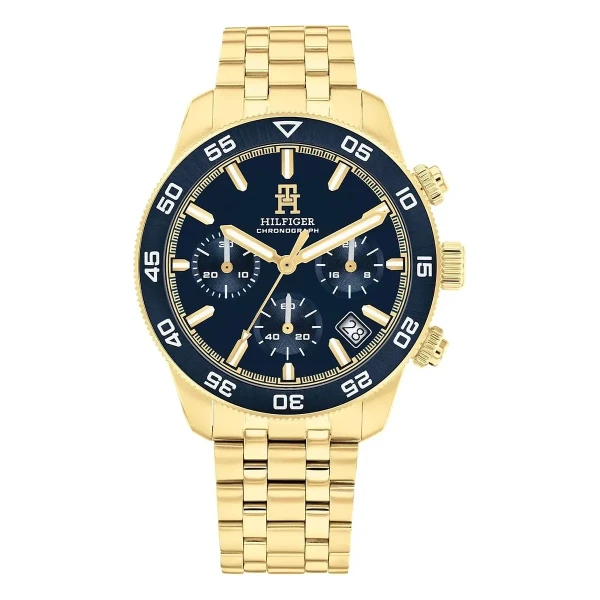 Tommy Hilfiger TH85 Chrono Quartz Kronograf Guldfärgad Stållänk Blå