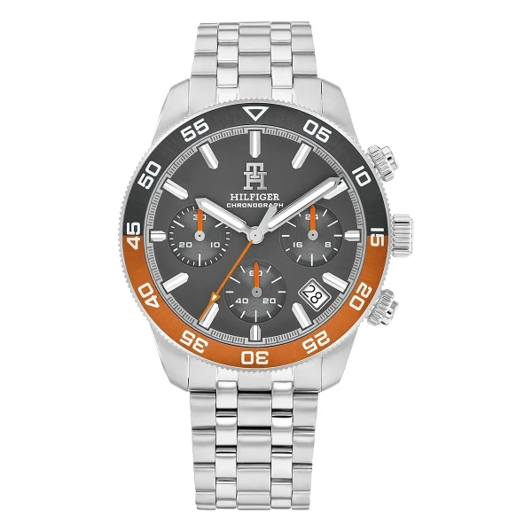 Tommy Hilfiger TH85 Chrono Quartz Kronograf Orange Lünett Stållänk Grå