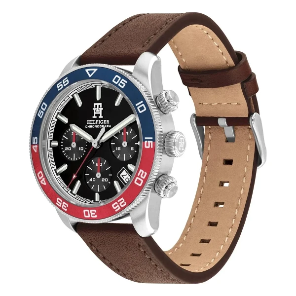 Tommy Hilfiger TH85 Chrono Quartz Kronograf Tvåfärgad Lünett Brunt Läderband Svart